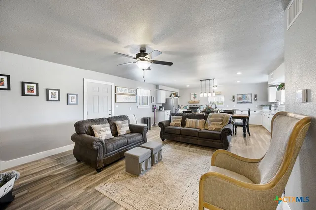 a living room with furniture ceiling fan and a rug