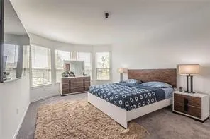 a bedroom with a large bed and a window