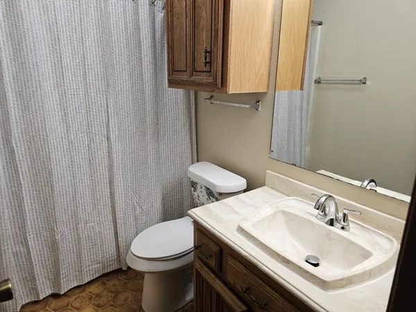 a bathroom with a sink a toilet and shower curtain