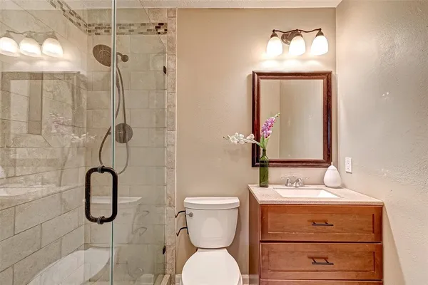 a bathroom with a toilet sink vanity and mirror