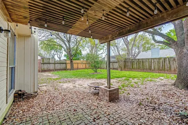 a garden view with a seating space