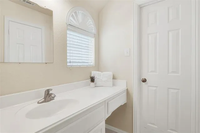 a bathroom with a sink a vanity and a mirror