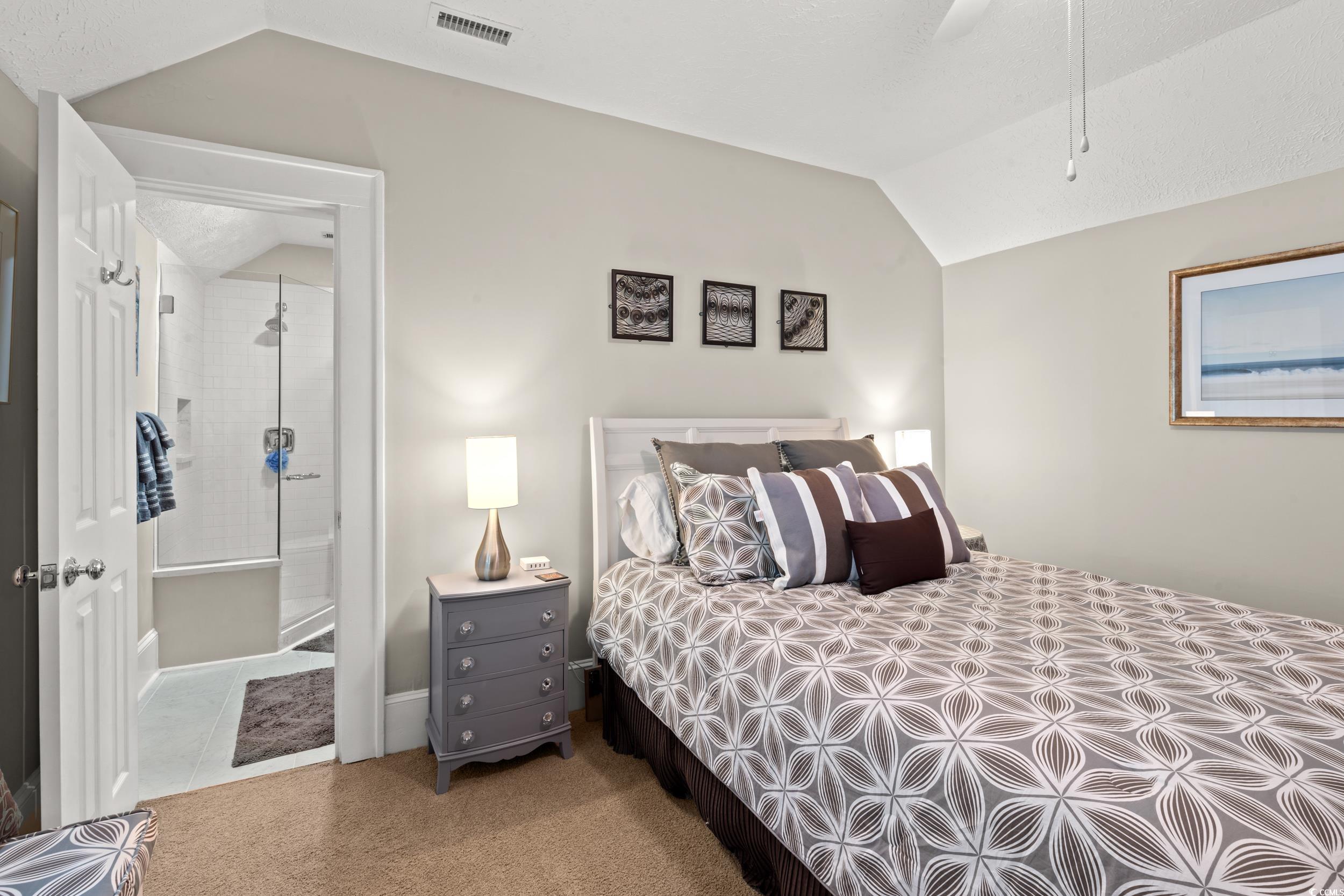 700 Lakeside Drive Conway, SC 29526 - Photo 26 of 40 Bedroom featuring lofted ceiling, light colored carpet, and a ceiling fan