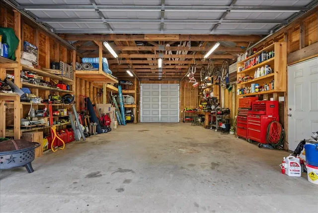 a view of a storage room with clothes