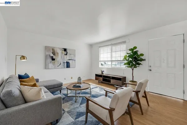 a living room with furniture and a potted plant