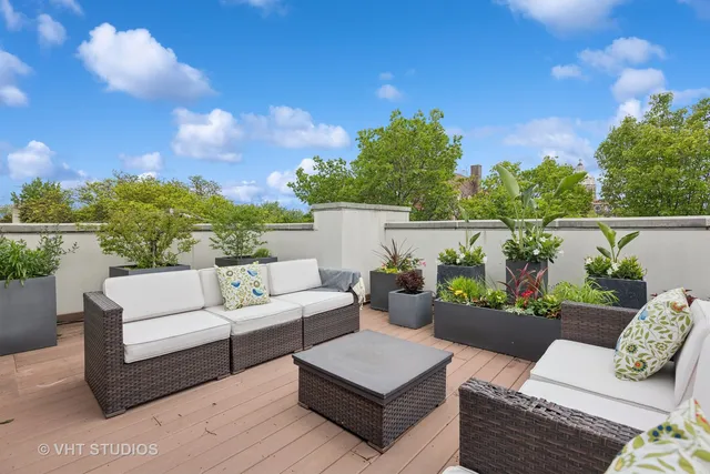 a view of a patio with couches and a potted plant on a table