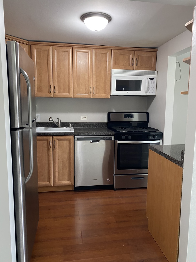 Undisclosed Address Schaumburg, IL 60193 - Photo 11 of 17 a kitchen with stainless steel appliances granite countertop a stove a refrigerator and a microwave