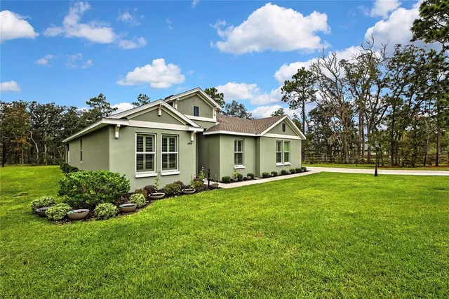 an aerial view of residential houses with outdoor space and trees