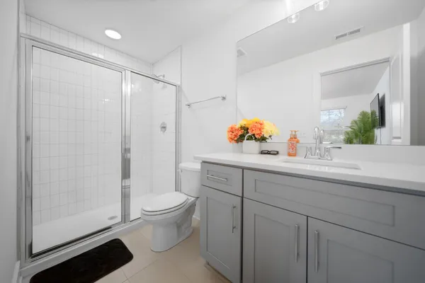 a bathroom with a sink a toilet and a large mirror