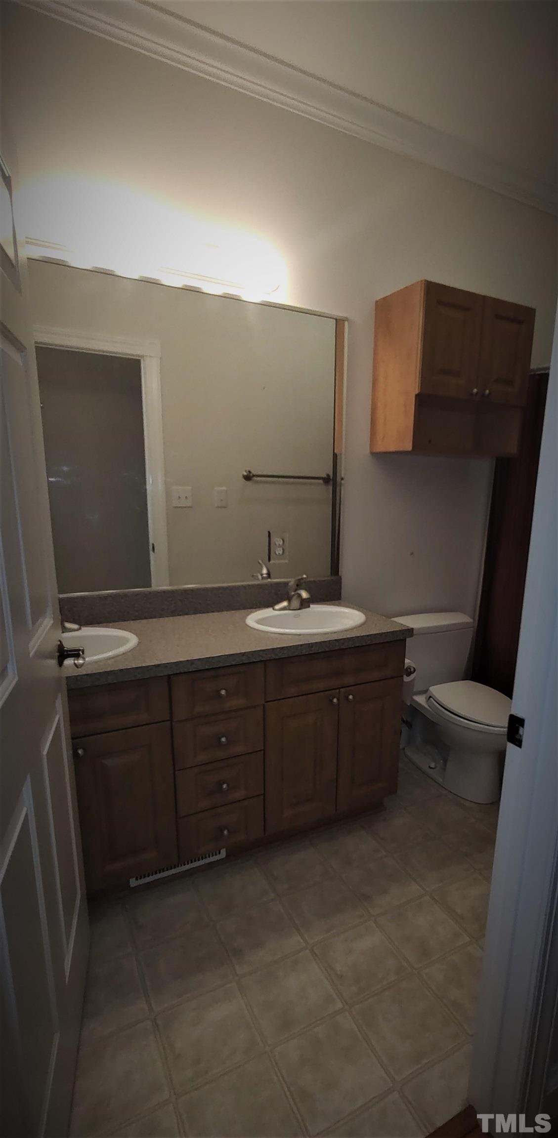 5445 Red Hill Church Road Coats, NC 27521 - Photo 29 of 66 Hallway Bath has double vanity and a traditional tub shower combination. Matching storage cabinet over commode.
