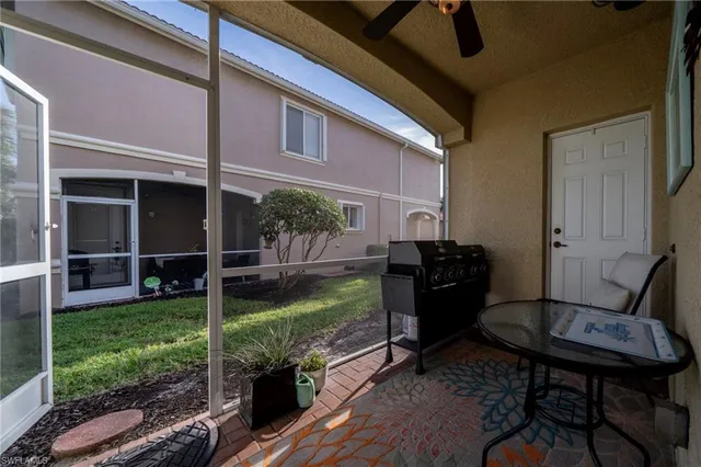 a garden view with a seating space