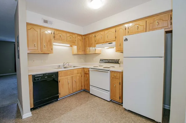 a kitchen with refrigerator a stove a sink and cabinets