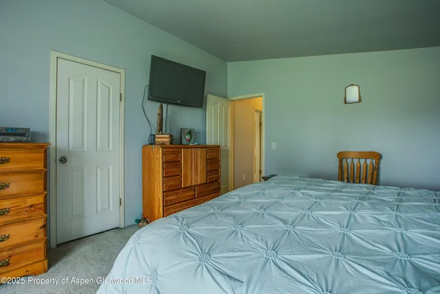 a bedroom with a bed and a television