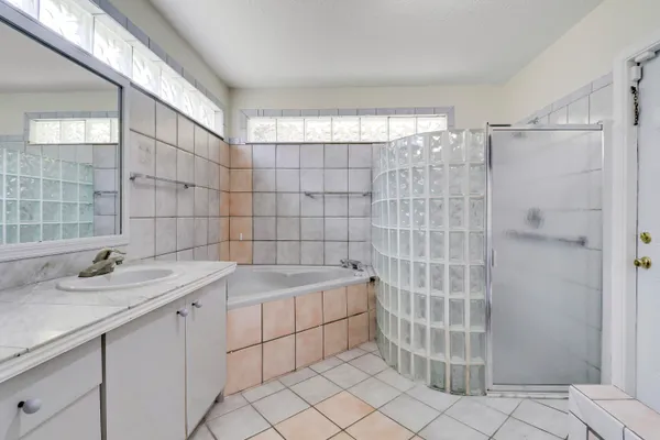 a bathroom with a sink and a shower