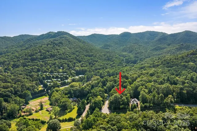 an aerial view of a houses with a lush green hillside