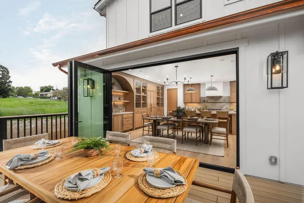 a view of a patio with swimming pool