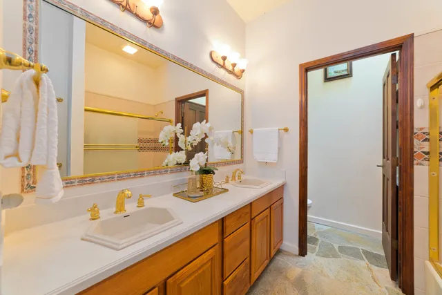a bathroom with a granite countertop sink and a mirror