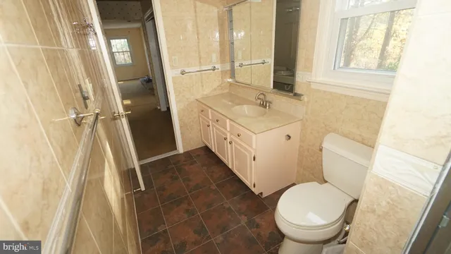 a bathroom with a sink a toilet a mirror and a tub