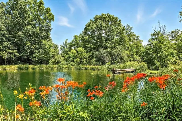 a view of a lake with a house in the background
