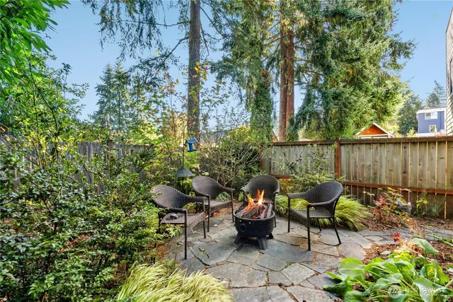 a backyard of a house with table and chairs