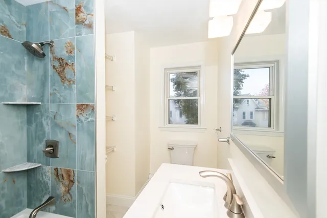 a bathroom with a granite countertop sink a toilet and shower