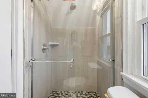 a bathroom with a shower and toilet