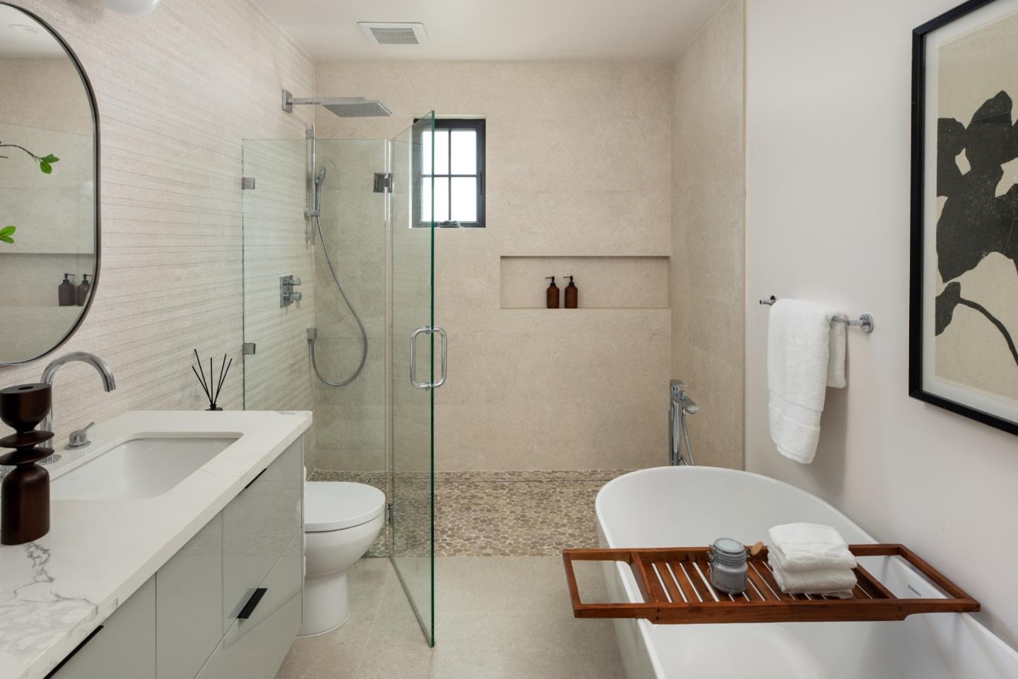 813 Bay Road Menlo Park, CA 94025 - Photo 11 of 23 a bathroom with a sink a toilet a mirror and shower