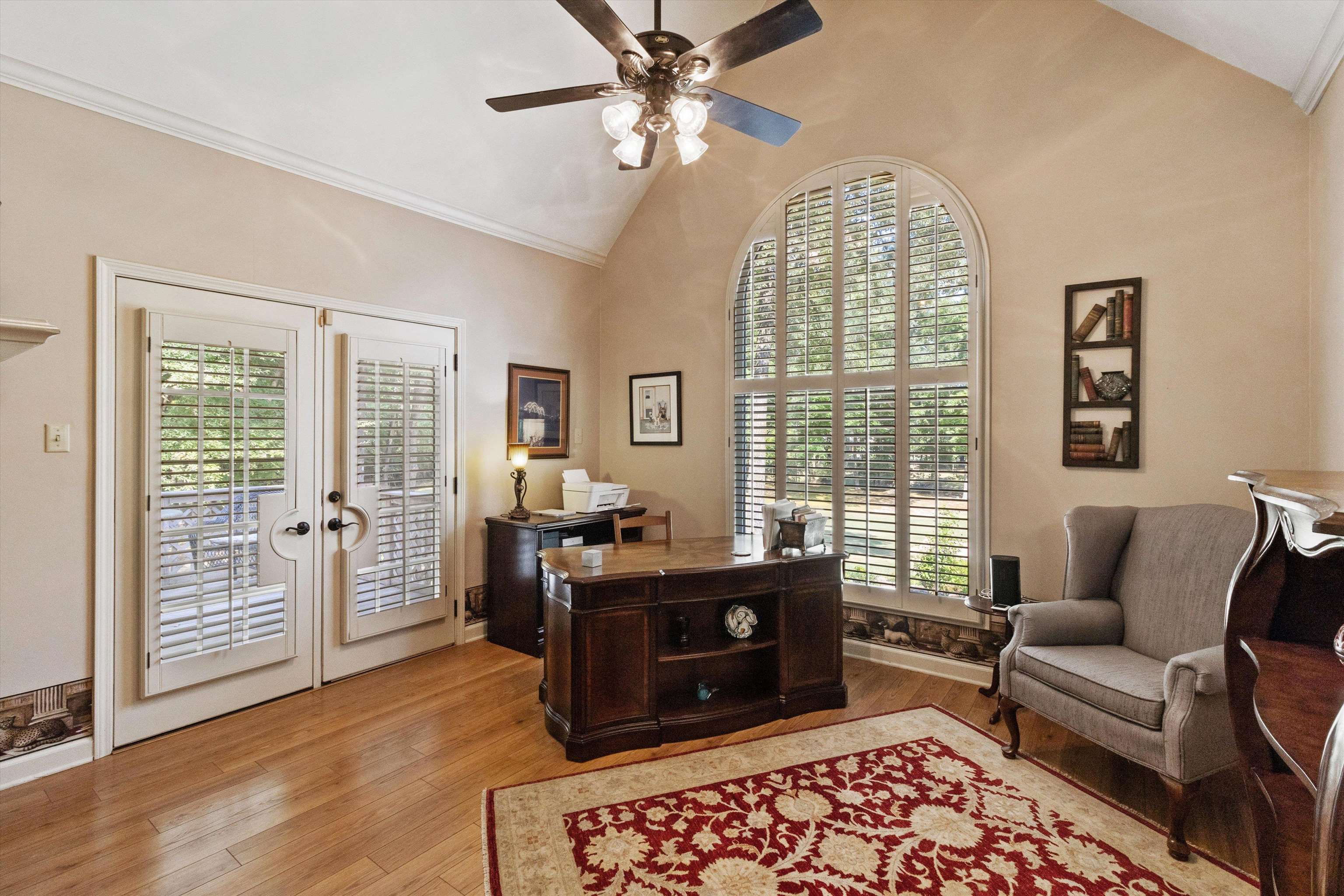585 Hickory Lake Road Eads, TN 38028 - Photo 14 of 40 Office space featuring lofted ceiling, light wood-type flooring, french doors, ceiling fan, and an amazing view.
