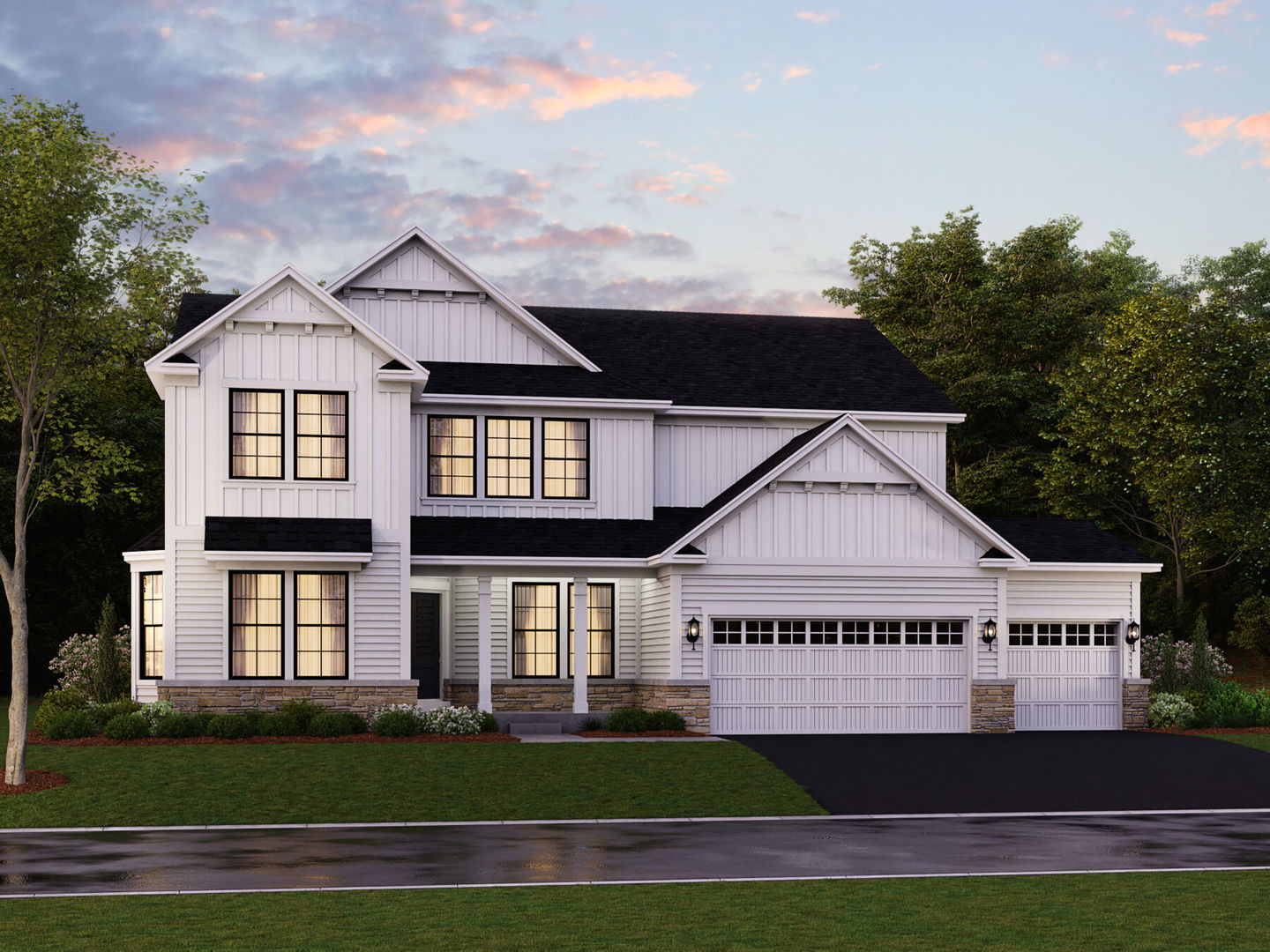 a view of a white house next to a yard and large trees