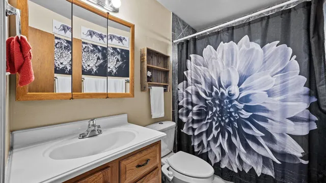 a bathroom with a sink toilet and shower