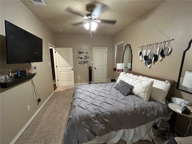 a bedroom with a bed and a flat screen tv