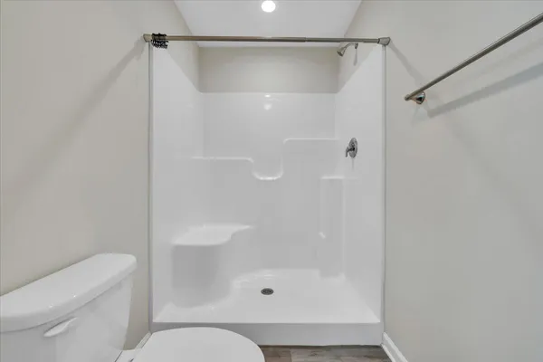 a bathroom with a shower and a toilet