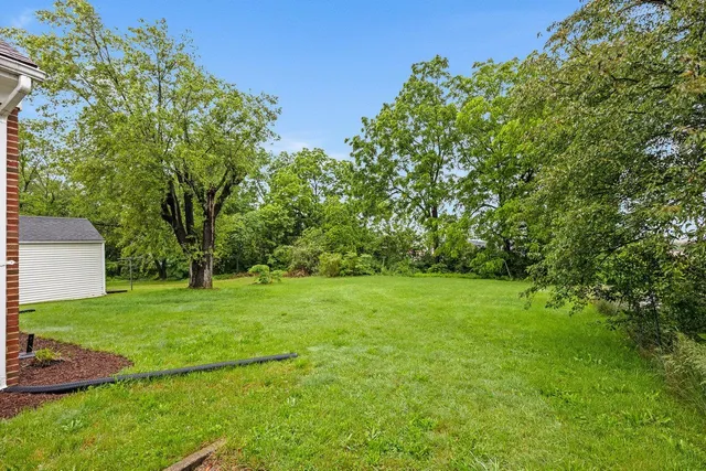 a view of a yard with a house in the background