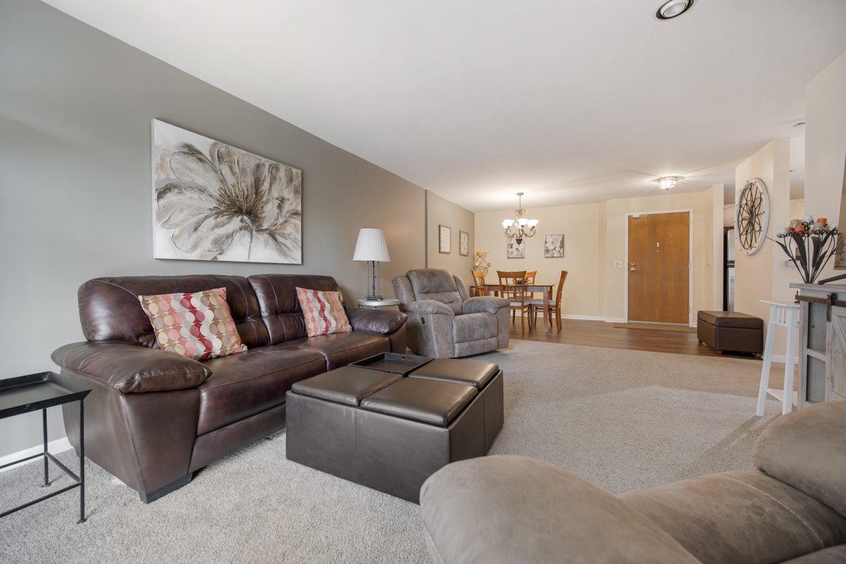 815 Leicester Road, Unit 114A Elk Grove Village, IL 60007 - Photo 3 of 20 a living room with furniture and a large mirror with rug