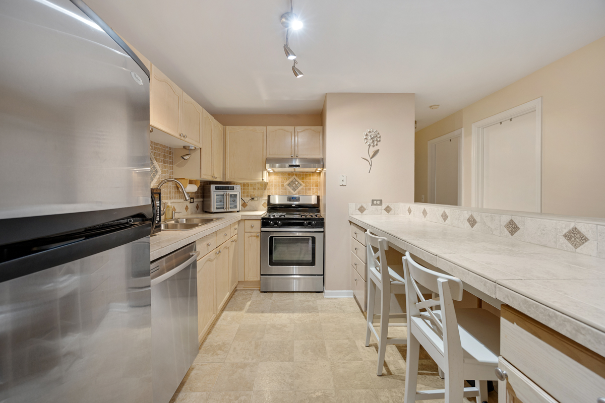 815 Leicester Road, Unit 114A Elk Grove Village, IL 60007 - Photo 9 of 20 a kitchen with a sink and stainless steel appliances