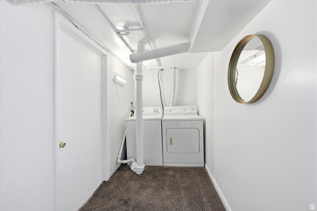 676 South 500 West Provo, UT 84601 - Photo 18 of 29 Laundry area featuring dark carpet and washer and dryer