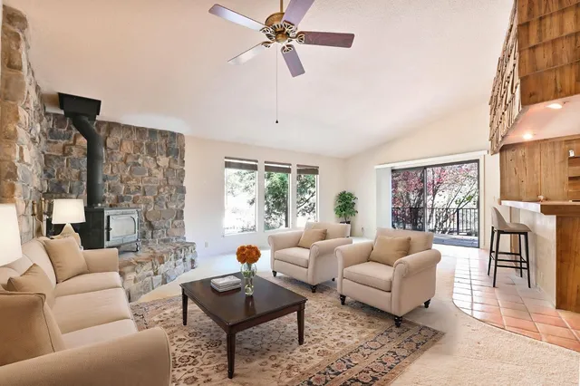 a view of a porch with wooden floor