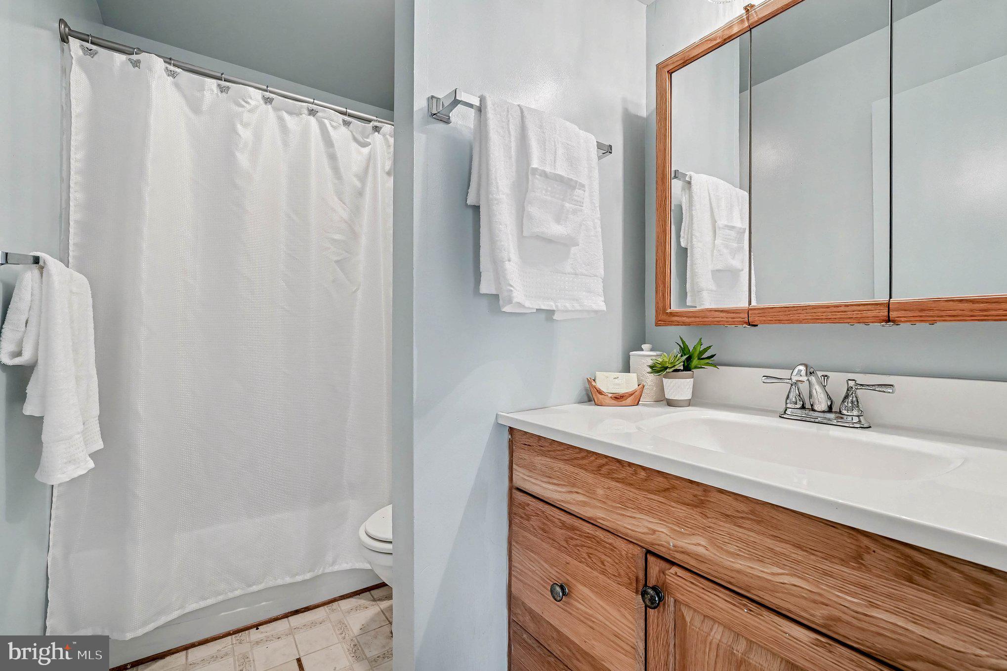 3440 Van Buren Road Burr Hill, VA 22433 - Photo 18 of 24 a bathroom with a granite countertop sink a mirror a vanity and a shower