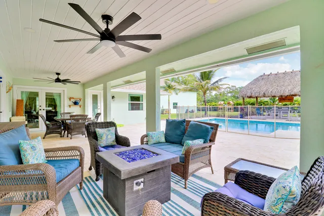 a view of a patio with plants and a patio