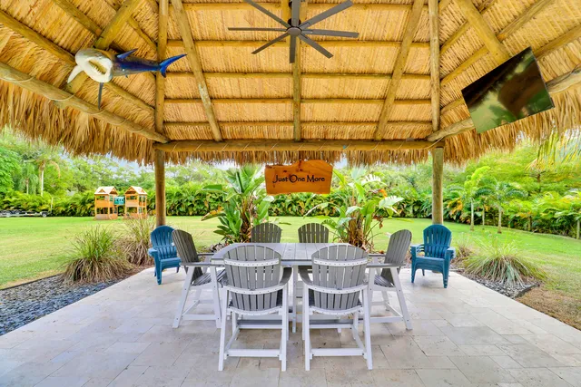 a garden view with a seating space