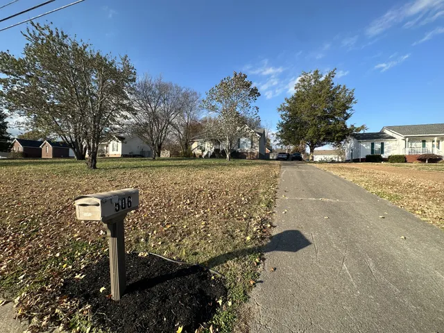 a view of a yard with plants and trees