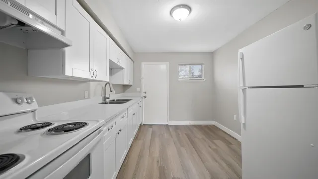 a kitchen with a sink a stove and refrigerator