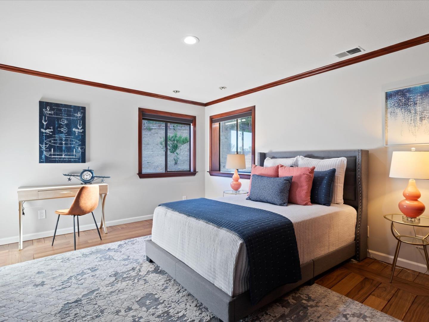 1 Lewis Ranch Road San Carlos, CA 94070 - Photo 64 of 94 a bedroom with a bed a lamp and a large window