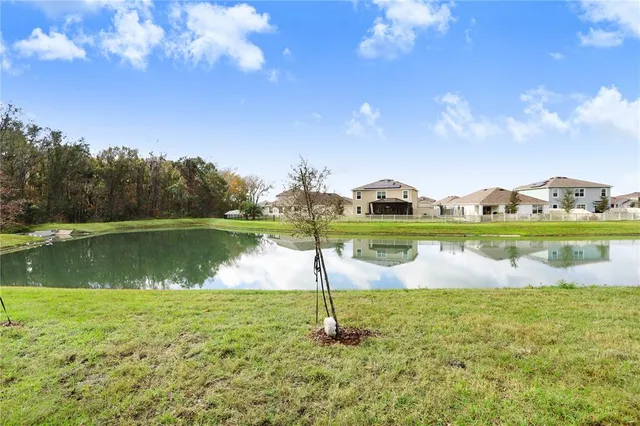a view of a lake with houses in the back