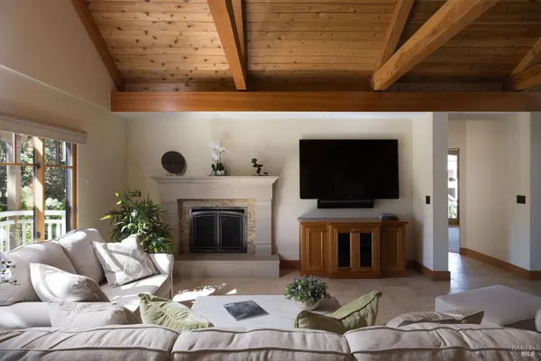 a living room with furniture a flat screen tv and a fireplace