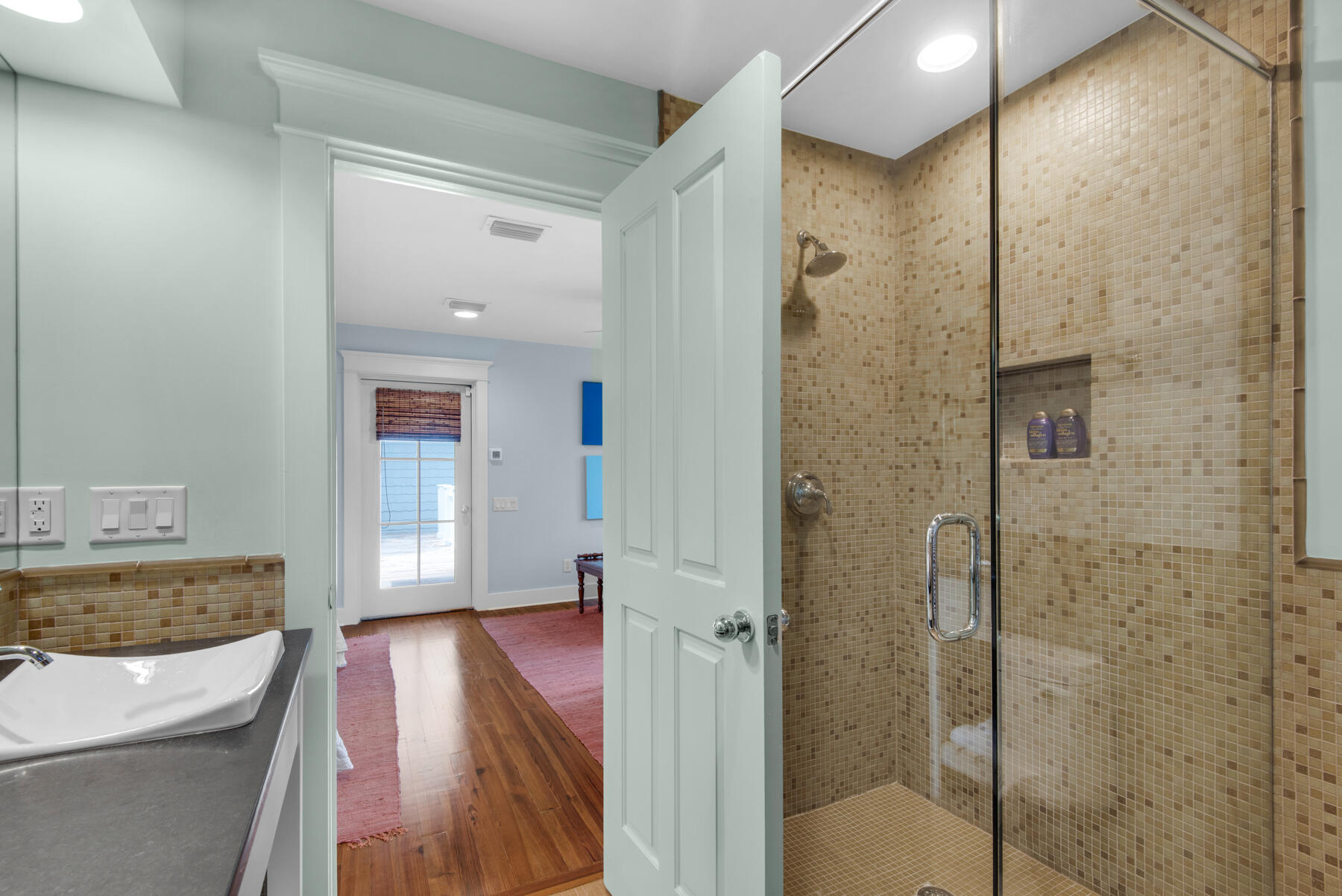 9 Tidepool Lane Inlet Beach, FL 32461 - Photo 67 of 86 a bathroom with a granite countertop sink a mirror and shower