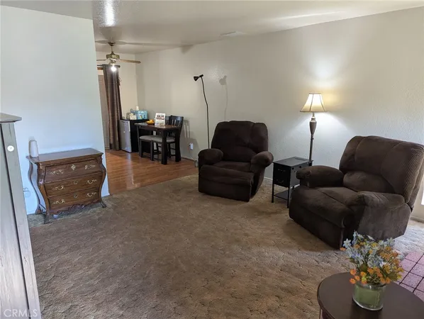 a living room with furniture and a lamp