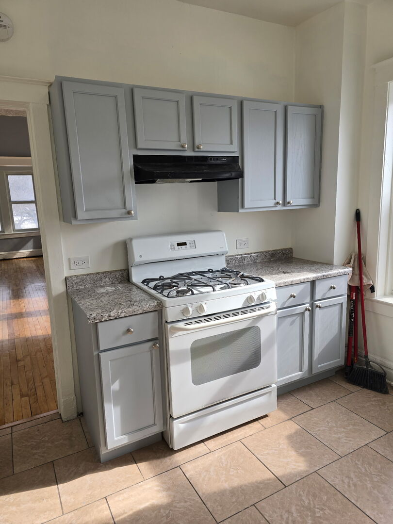 10758 South Indiana Avenue, Unit 2 Chicago, IL 60628 - Photo 7 of 8 a kitchen with a stove top oven sink and cabinets