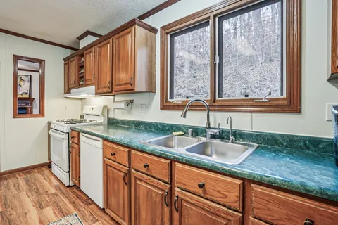 a kitchen with stainless steel appliances granite countertop a sink and wooden cabinets