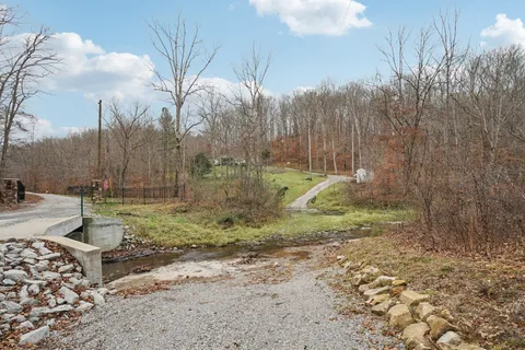 a view of a dry yard with mountains in the background